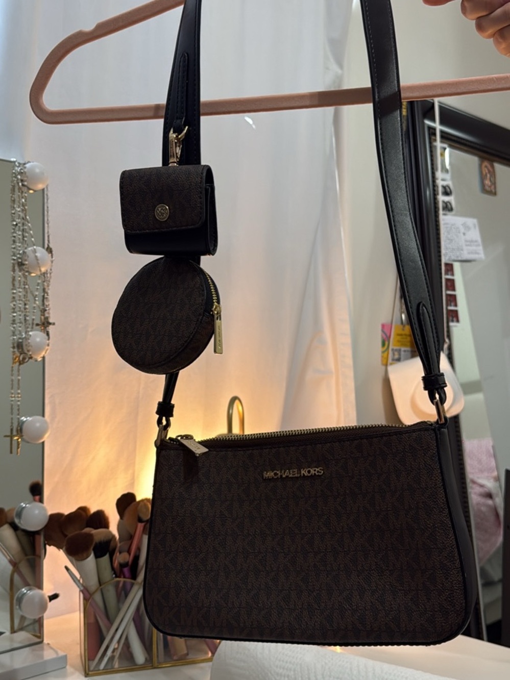 Michael Kors Dark Brown MK Signature Crossbody with Coin Pouch and Snap Case